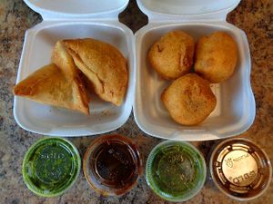 Samosas and Picnic Balls. Came with mint and tamarind chutneys. Samosas were standard and the picnic balls highly-recommended!!! at Blu Basil   in Chagrin Falls