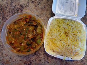 Okra Masala. Came with saffron rice. I specified No Dairy and also asked for no onions. Had a few green pepper slices in it which blended well.  at Blu Basil   in Chagrin Falls