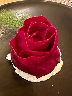 Sabina - marinated beet rose, with watercress pesto on bed of almond cream  at Berro Bistrot in Gran Canaria