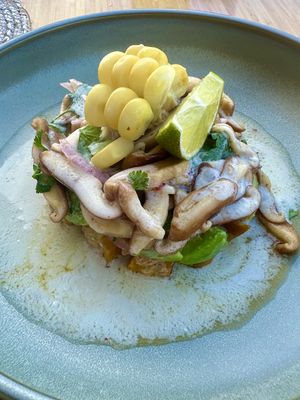 Bicácaro - mushroom ceviche marinated with lime, cayenne and coriander, with baked sweet potato, avocado and vegetable tiger milk with seaweed broth.  at Berro Bistrot in Gran Canaria
