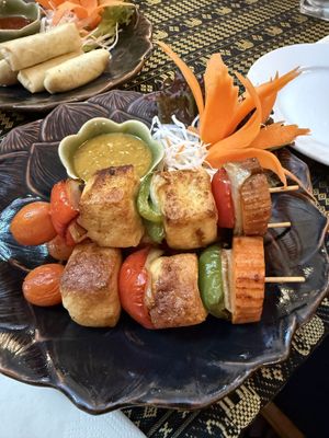 Vegetable and Tofu Skewers with Peanut sauce.  at Araya Thai Restaurant  in Kendal