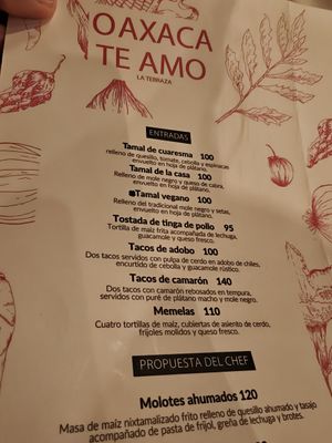 Menu at Oaxaca Te Amo in Oaxaca