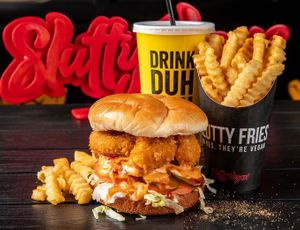 #Menage-A-Trois! Vegan Shrimp on a toasted Hawaiian Bun. at Slutty Vegan in Baltimore