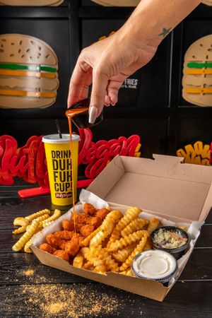 #ShrimpBasket! Vegan Buffalo shrimp, crispy crinkle cut fries & slaw! at Slutty Vegan in Baltimore