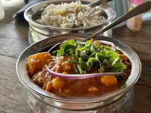 Cholay aloo (175 baht) with garlic basmati rice (75 baht)  at S and S Indian Restaurant in Hua Hin