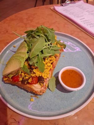 Waffle with tofu, avo, veg and smoky sausage at Sweet Love Caffe in Vilnius