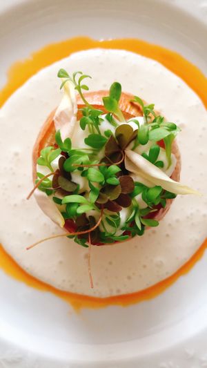 piatto principale di fine estate: cipolla farcita con tartare di lupini e soubise at La Taverna degli Arna in Milan