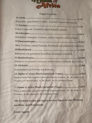 Vegane Gerichte Karte at Restaurant Mama of Africa in Giessen