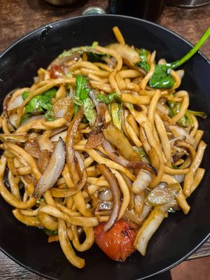 Xinjiang fried noodle $17.80: nice noodles, with delicious celery leaves, and a very small amount subtle soy/salt based sauce at Chinese Dumpling Master in Newtown