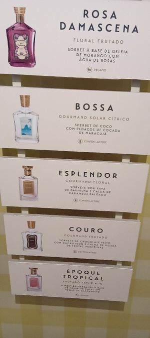 Opções veganas: Rosa Damascena (base morango) e Époque Tropical (base de caju) [foto de julho/2025] at Granado Verão in Sao Paulo