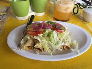 Tacos dorados filled with fries  at El Caracol de Jade in Palenque
