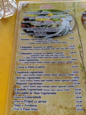 Veggie menu at El Caracol de Jade in Palenque