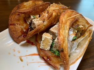 Scallion Beef Rollups (made Vegan by substituting Tofu for Beef):  Pan-Fried Scallion Pancakes, House-made Spicy Sauce, Cilantro, Green Onions at Cravings Corners in Kalamazoo