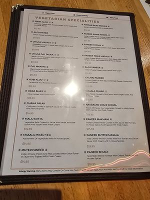 Vegetarian menu at India Masala House in Kenosha
