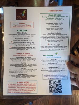 One side of the menu with clearly labelled vegan options at Nectar Cafe in Auburn