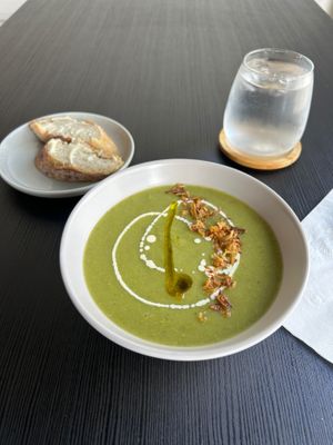 pea an potato soup with crispy onions 
Magical  at Paradoja Plantbased in San Juan
