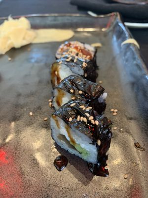 Unami maki - Eggplant ‘eel’  roll with this ‘eel’ is amazing! This one included, with vegan cream cheese and avocado it’s super creamy! at Blue Sushi Sake Grill in Fort Worth