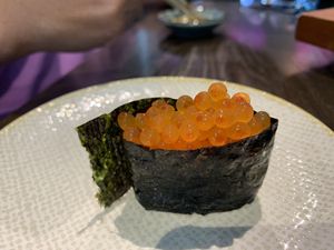 Vegan Ikura. One of our favorites. Ask for some salt to sprinkle on it as it needs more saltiness.  at Blue Sushi Sake Grill in Fort Worth