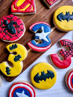 Super hero birthday cookies at Little Bean's Bakery  in Kirkland