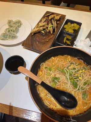 Dumplings, mala noodles and eggplant dish mmmmmm!  at Myeongga Uyukmyeon - 명가 우육면 선릉점 in Seoul