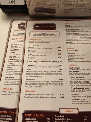Menu at Santa Francesinha  in Lisbon