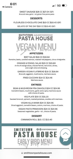 Vegan menu  at Smithtown Pasta House in Smithtown