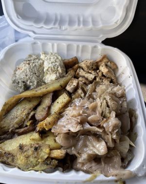 Hot bar pick: tofu salad, jerk tofu, cabbage, potatoes   at Soul Veg City in Chicago