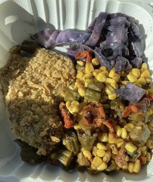 Country fried steak, cabbage, veggie mix  at Soul Veg City in Chicago