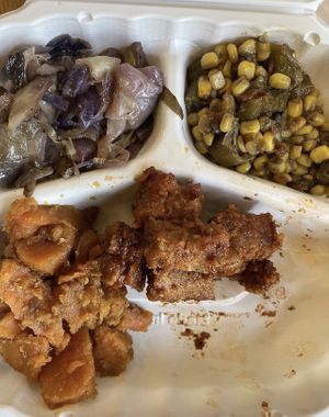 Purple cabbage, fried corn, bbq tidbits, yams. Delicious !  at Soul Veg City in Chicago