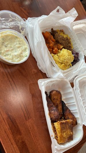 Potato Salad, Yams, Chickpeas w/ rice, Purple Cabbage, Mac n Cheese, Country Fried Steak, Lasagna, & Jerk Chicken  at Soul Veg City in Chicago