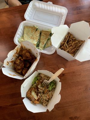 My niece had  quesadilla, I ordered the stir-fry veggies,  & we split some cauliflower wings & french fries for an appetizer.  We split a piece of cinnamon roll cake (not in pic).  at Soul Veg City in Chicago