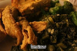 Dinner Plate - Battered Tofu, Greens, Broccoli at Soul Veg City in Chicago