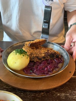 Bodhi Pfanderl - Crispy coated Steak wth dumpling and dark beer sauce.   at Bodhi in Munich