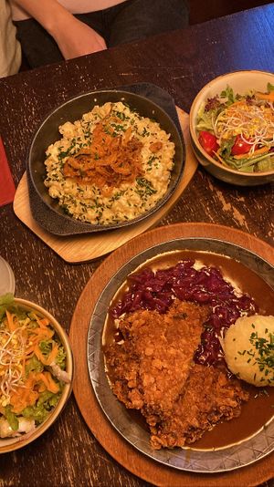 Käsespätzle (on top) with side salad; Soy cutlet with red cabbage and potato dumpling (bottom) with side salad: both amazing   at Bodhi in Munich