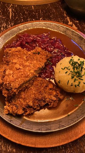 Soy cutlet (oh my, it tasted like real meat) with red cabbage and potato dumpling. Comfort food at its best   at Bodhi in Munich