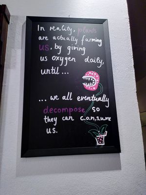 Another chalkboard today: "In reality, plants are actually farming us, by giving us oxygen daily, until we all eventually decompose so they can consume us." at Bodhi in Munich