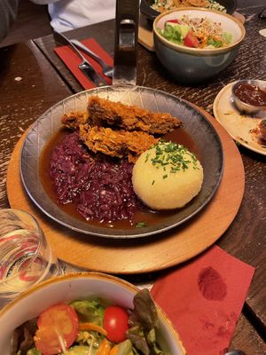 Bodhi Pfanderl (Fried soy steak, Knödel, red cabbage in a Brown Sauce)  at Bodhi in Munich