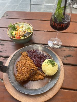 Pfanderl steak in beer sauce with cabbage and potato dumplings  at Bodhi in Munich