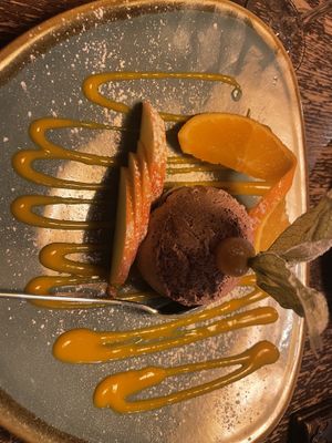 Chocolate mousse with mango syrup   at Bodhi in Munich