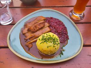 Duck roast with red cabbage and Kartoffelknödel at Bodhi in Munich