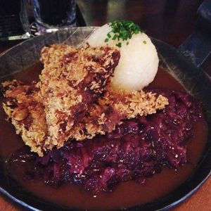 Pfanderl - seitan steaks, potato dumpling, red cabbage and beer gravy  at Bodhi in Munich