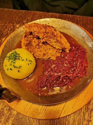 Crispy soy steak with potato dumpling and red cabbage (the lighting doesn't do it justice) at Bodhi in Munich