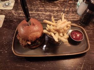 Crispy schnitzel burger with fries #Veganuary at Bodhi in Munich