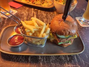 Tempeh burger (with extra patty and cheese) and fries at Bodhi in Munich