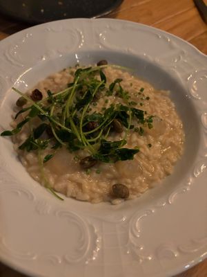 Risotto (vegan option) 

From menu: …creamy risotto meet the deep umami of miso. Pea shoots and edamame beans add a touch of modern freshness, while citrus gel… at Gustav Kitchen & Bar in Rovaniemi