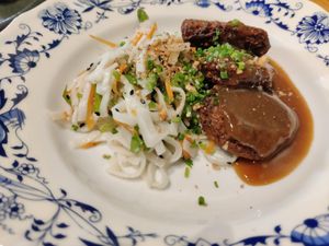 Beetroot falafel with teriaki souce for lunch and noodles salad at Gustav Kitchen & Bar in Rovaniemi