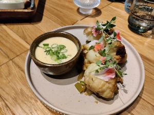 This is from the dinner menu: cauliflower with miso sauce, pistachio, and many more stuff. Although not clearly marked as vegan, I couldn't find ingredients suggesting the opposite at Gustav Kitchen & Bar in Rovaniemi