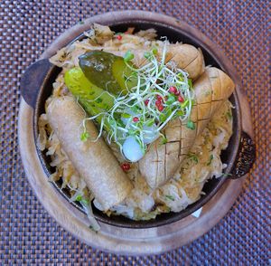 Rösti with vegan sausage. at Fein Restaurant in Leukerbad