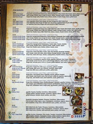 One page of the menu (there is more). at Fein Restaurant in Leukerbad