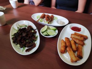 Fried mushrooms, springrolls and vegan wings at Maitreya Healthy Vegetarian Restaurant in Phnom Penh